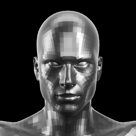 3D rendering. Faceted silver robot face with eyes looking front on cameraの写真素材