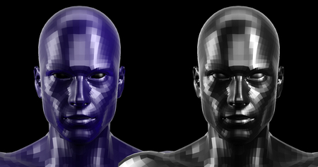 3d rendering. Two black and blue faceted heads looking front on cameraの写真素材