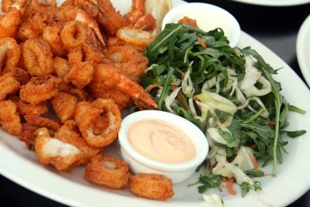 Fried Shrimps and calamary with salad