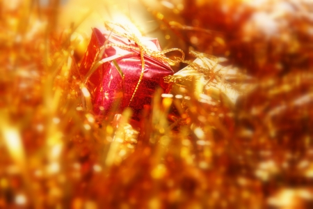 Christmas decorations and gift in gold colorの写真素材