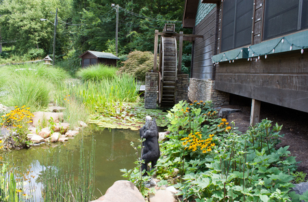 Water Wheel by old pond surrounded by flowers and natural growthの写真素材