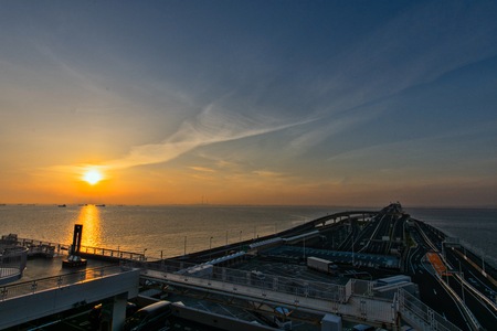 The sunrise from the horizon at Umihotaru in Chiba, Japanの写真素材