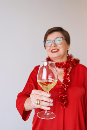 stylish mature senior woman in red blouse with glass of white wine celebrating new year. Fun, party, style, lifestyle, alcohol, celebration conceptの写真素材