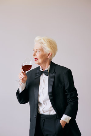 stylish senior sommelier woman in tuxedo with glass or red wine. Beverage, mature, style conceptの写真素材
