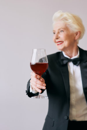 stylish senior sommelier woman in tuxedo with glass or red wine. Beverage, mature, style conceptの写真素材