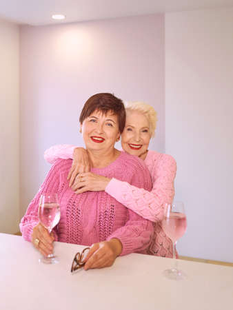 two stylish senior women in pink sweaters sitting with wine glasses in bar talking. Friendship, talk, gossip, relationships, news, family conceptの写真素材
