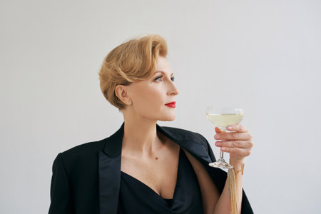 mature stylish elegant woman in tuxedo with glass of sparkling wine. Party, celebration, anti age conceptの写真素材