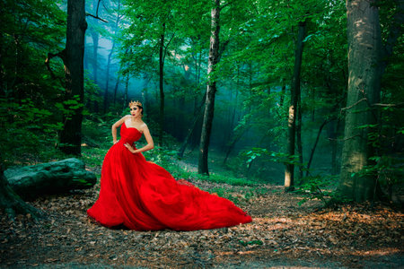 Young woman in a long red dress and a royal crown in the foggy forestの写真素材
