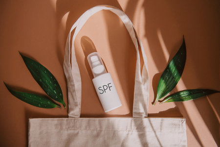 top view of plastic bottle with SPF lettering near bag with green leaves on beige backgroundの写真素材