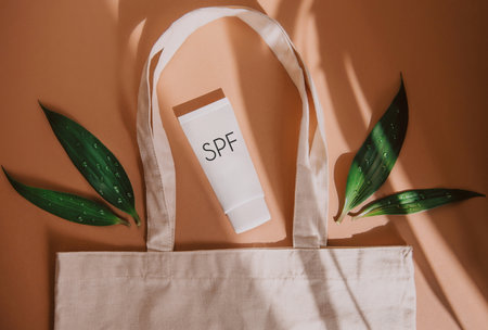 top view of eco bag with cosmetic products and green leaves on orange backgroundの写真素材