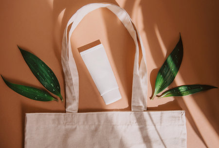 Flat lay composition with eco bag and cosmetic products on orange background