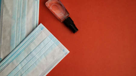 biosafety items for personal use and hand disinfection on unicolor backgroundの写真素材