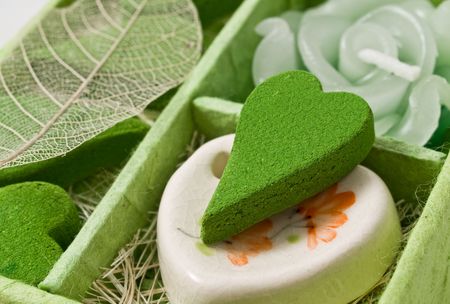 Green color's  gift a set of aromas in the form of heart green colorの写真素材