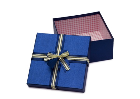 Opened empty blue gift box with a bow on a white background