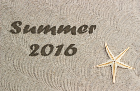 Summer camp handwritten in a beach sandの写真素材