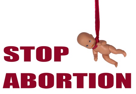 Hanging in the loop of an embryoisolated on white. Concept of protection of life and abortionの写真素材