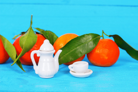 Juicy tangerines for morning tea on woodの写真素材
