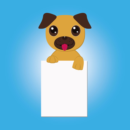 Nice Pet Vector. Cute Pug Dog Holding A White Blank Board, Card Or Banner. Cartoon Puppy Above A Blank Signのイラスト素材
