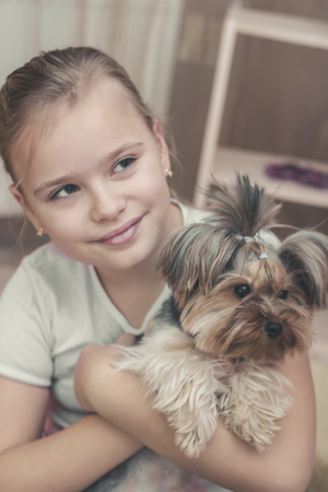 Cute young blonde girl with her Yorkshire terrier puppy playing and hugging.の写真素材