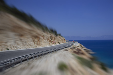 Turn of rural mountain highway in Turkey. Dangerous road in the mountains of Turkey. Traffic safety concept.の写真素材
