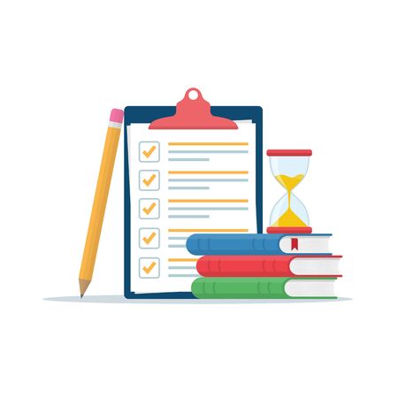 Exam preparation at school or university. Examination concept checklist and hourglass, choosing the form of the answer questionnaire, education vector flat illustration. Online training.のイラスト素材