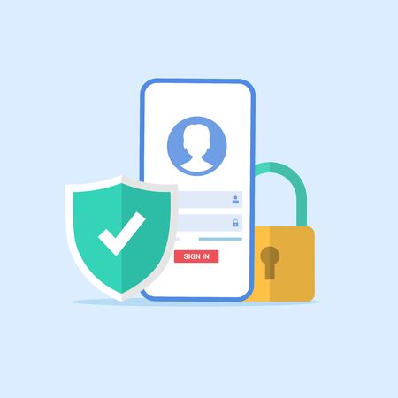 Online registration form. Login form, login page, opened in a web browser window on a mobile phone screen.green shield with a check mark and a padlock as a symbol of protection.vector illustration.のイラスト素材