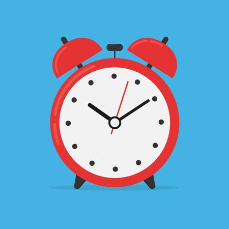 Stock vector illustration of a red alarm clock in flat style isolated on a blue background.のイラスト素材