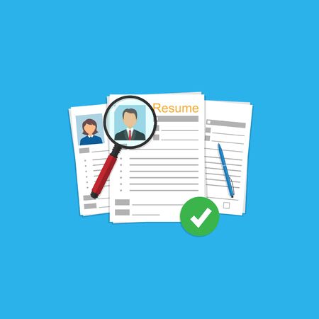 Summary Application summary. Personnel selection and management. personnel analysis resume. job candidate. magnifying glass and green checkmark icon.stock vector illustration.のイラスト素材
