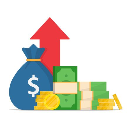 a pack of green dollars and a stack of gold coins, a bag of money in the background a red arrow up. increase in mutual funds income, statistical report, business productivity increase.のイラスト素材