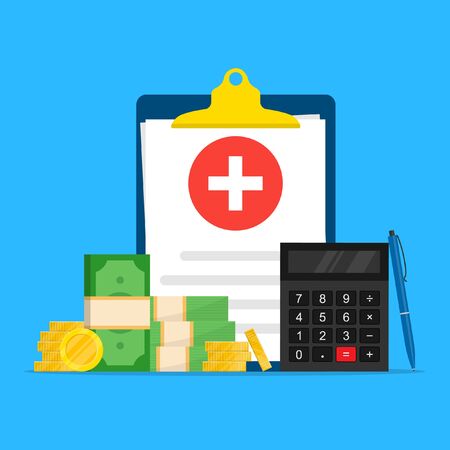 health insurance,medical insurance.A clipboard with a medical document, a calculator, a pen and a bunch of money. Idea of expensive drugs and health care costs. Flat design.Stock vector illustration.のイラスト素材