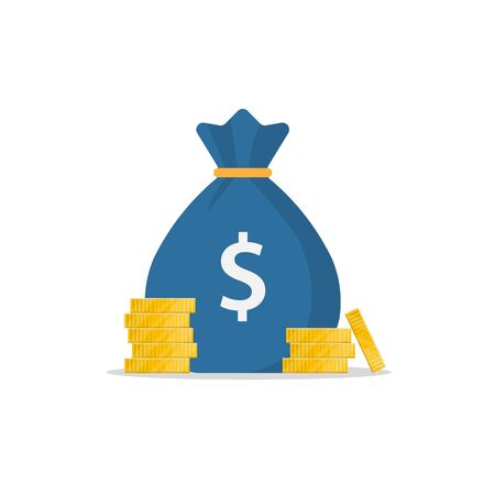 money bag icon with a dollar sign and stacks of gold coins. flat money bag in cartoon style. stock vector illustration isolated on white background. 10 epsのイラスト素材