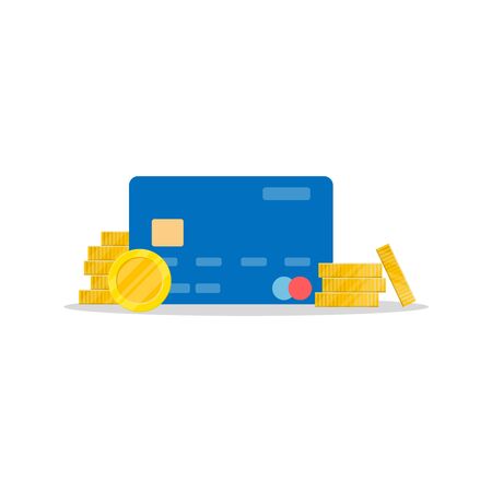 Blue plastic credit debit card and stacks of coins. Refund. The concept of finance, savings and cashback offers. stock vector illustration isolated on white background.10 eps.のイラスト素材