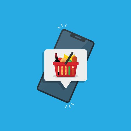 Message or notification for regular customers on the mobile phone screen about discounts on products in the supermarket. basket with a set of products.stock vector illustration.10 eps.のイラスト素材