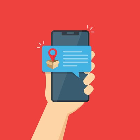 pin map icon in the speech bubble.parcel location icon .opened cardboard box. delivery.message in a speech bubble on a smartphone screen.stock vector illustration isolated on red background.のイラスト素材