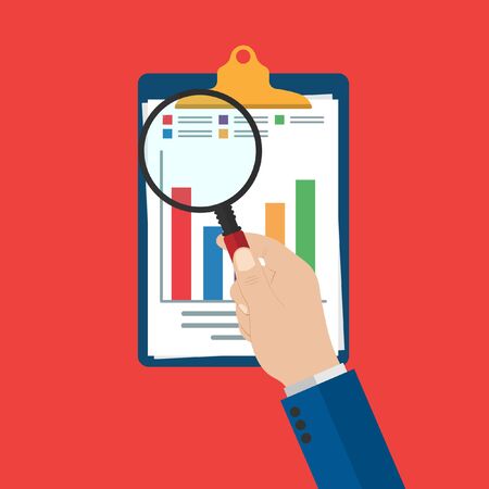 magnifying glass in the hand. Audit research vectors icon, financial report data analysis, analytics accounting concept with charts and diagrams. Clipboard vector template. Vector illustration.10 eps.のイラスト素材
