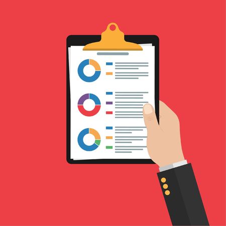 in the hand of man clipboard.Audit research vector icon, financial report data analysis, accounting analytics concept with charts and diagrams. Clipboard vector template. Stock vector illustration.のイラスト素材