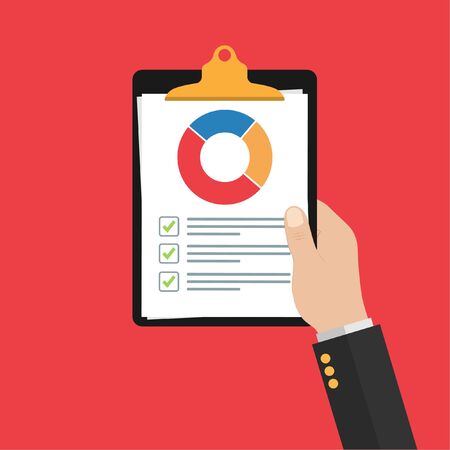 in the hand of man clipboard.Audit research vector icon, financial report data analysis, accounting analytics concept with charts and diagrams. Clipboard vector template. Stock vector illustration.のイラスト素材