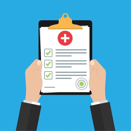 in human hand medical insurance document or contract. Medical report. Clipboard vector template. stock vector illustration.10 eps.のイラスト素材