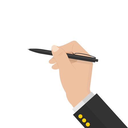 black ballpoint pen in human hand. stock vector illustration isolated on white background in cartoon style.10 eps.のイラスト素材