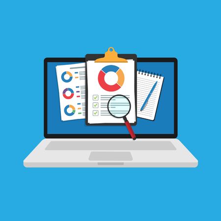 on a laptop screen. Audits research icon vectors, financial report data analysis, analytics accounting concept with charts and diagrams. Clipboard vector template. Vector illustration.のイラスト素材