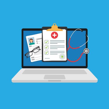 medical insurance document or contract. Medical examination or conclusion. stethoscope, glasses on a laptop screen. Vector illustration. 10 epsのイラスト素材