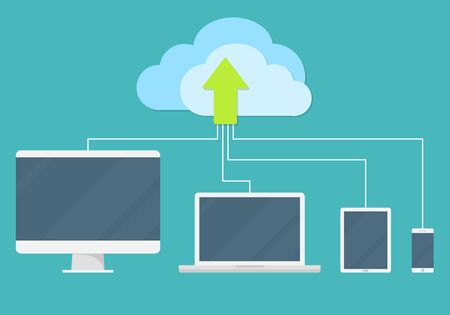 Cloud computing technology network users. Illustration with a monitor PC, tablet, phone, laptop....