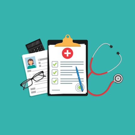medical insurance document or contract. Medical examination or conclusion. stethoscope, glasses, ballpoint pen, calculator on the desktop. Vector illustration. 10 epsのイラスト素材