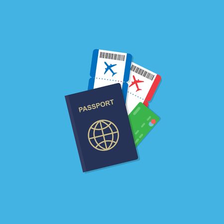 Vector passport with tickets and credit card inside. Air travel concept. Flat design citizenship id for traveler isolated. Blue international document - pasports stock illustration. Eps 10.のイラスト素材