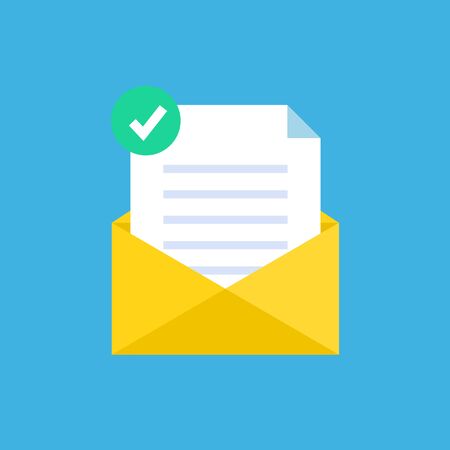 flat file icon with a green checkmark inside a yellow postal envelope. Stock windy illustration isolated on a blue background.10 eps.のイラスト素材