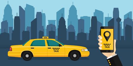hand holds a mobile phone with the application on the screen. Taxi service application on a smartphone to order services. yellow taxi on the background of the city.vector illustration.10 eps.のイラスト素材