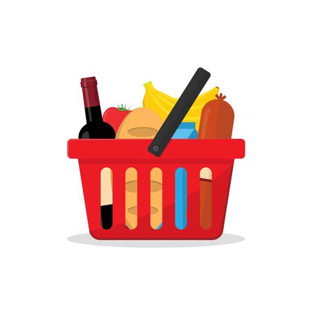 red basket with a set of products from a shop or a supermarket. bottle of wine, a loaf of bread, a packet of milk, a bunch of bananas, sausage and tomato. flat vector illustration in cartoon style.のイラスト素材
