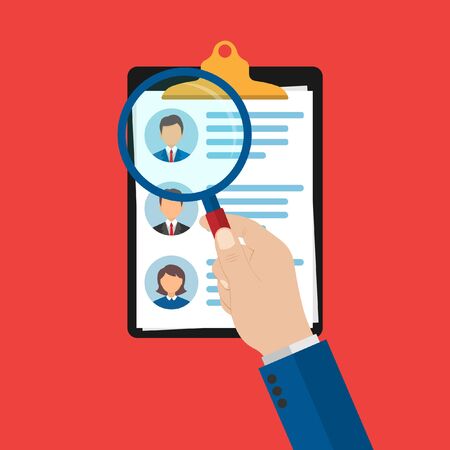 a list of candidates for the workplace with a brief summary of each of the principals. selection of workers. hand holds a magnifying glass. search. Vector illustration isolated on a white background.のイラスト素材