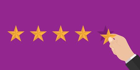 Hand puts 5 stars rating. Five star reviews in flat style .のイラスト素材