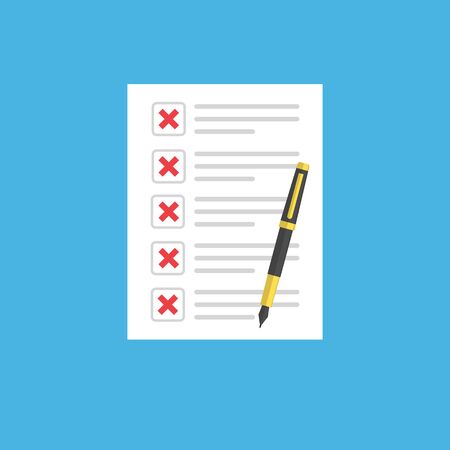 document or checklist with red crosses and pen. stock vector illustration in flat style isolated on blue background.10 epsのイラスト素材
